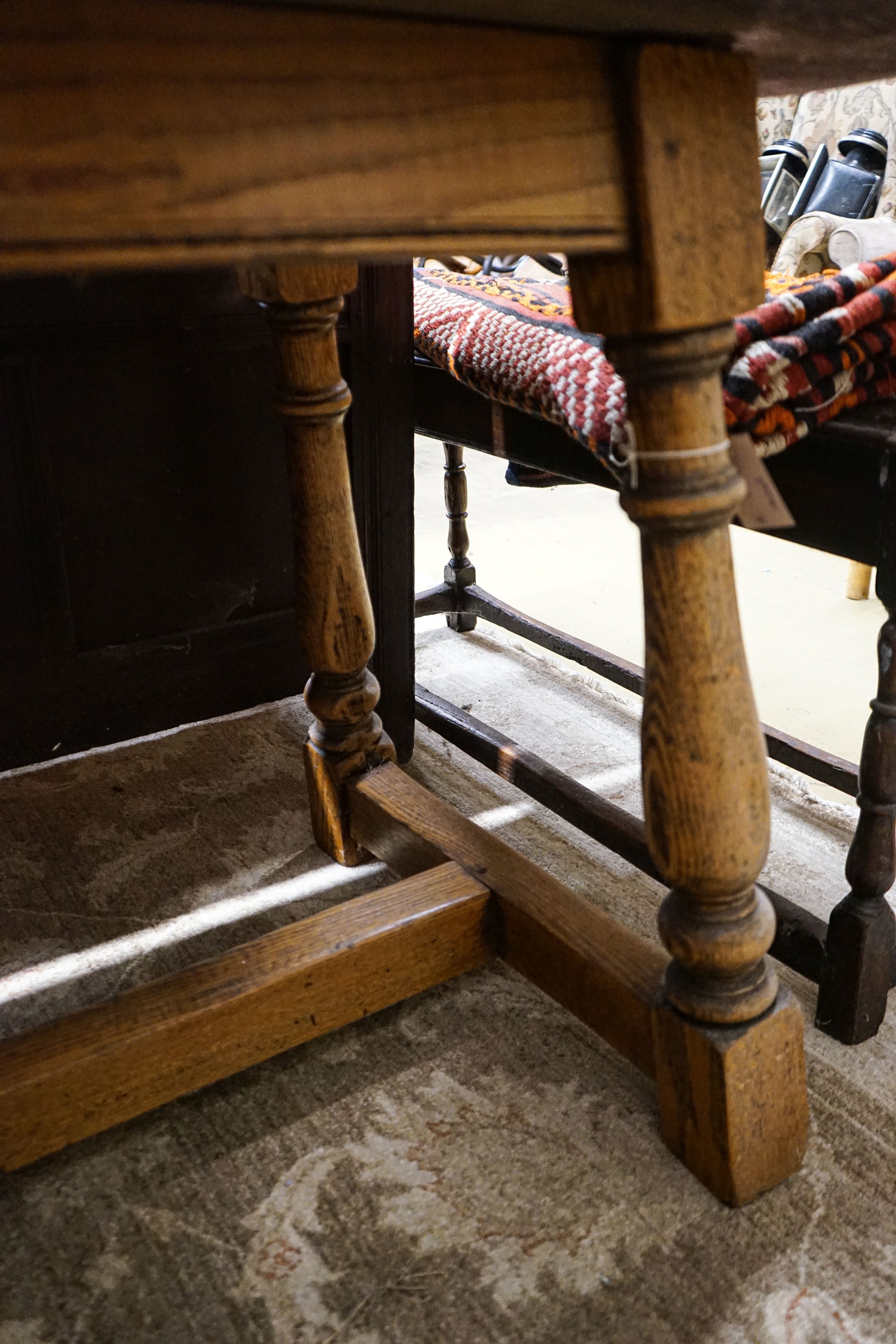 An 18th century style rectangular oak refectory dining table, length 202cm, depth 78cm, height 80cm